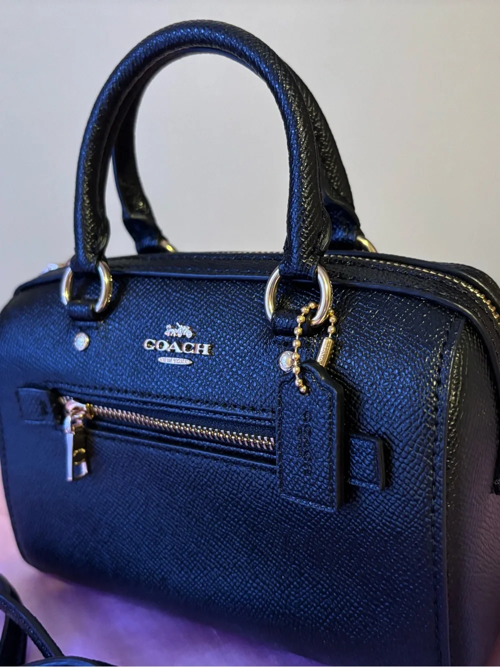 Coach Mini Rowan Crossbody Satchel Black Crossgrain Leather C9950